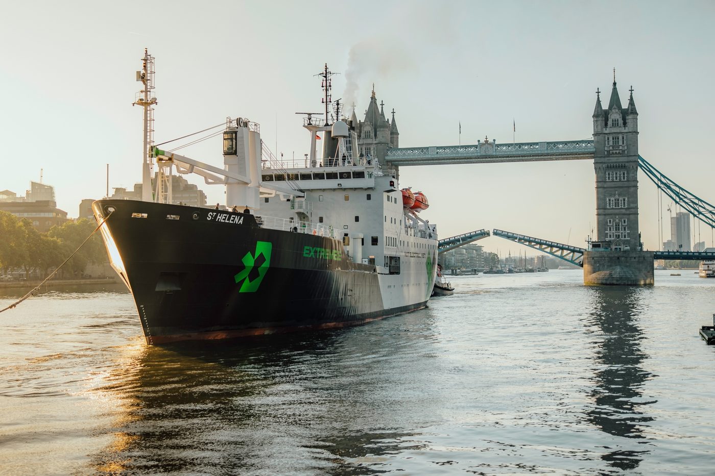 The St Helena cargo ship passing under Tower Bridge, London